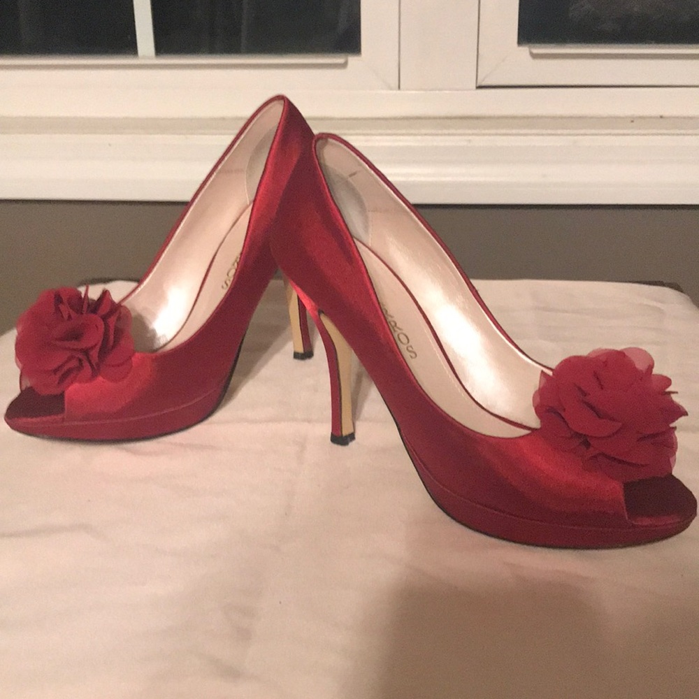 Red Satin Peep-Toe Pumps